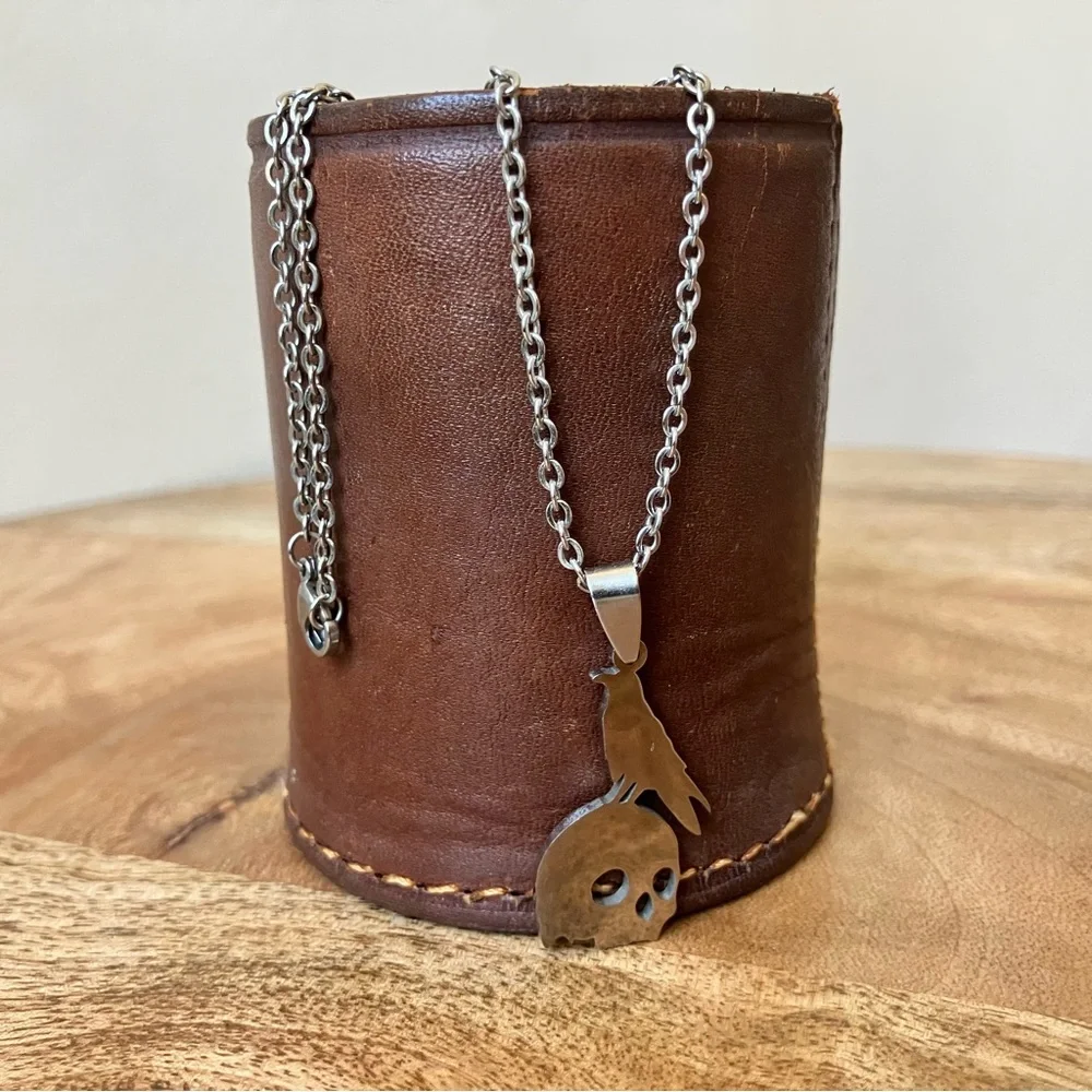 Silver Owlcrate Raven Boys Skull Charm Necklace 23”